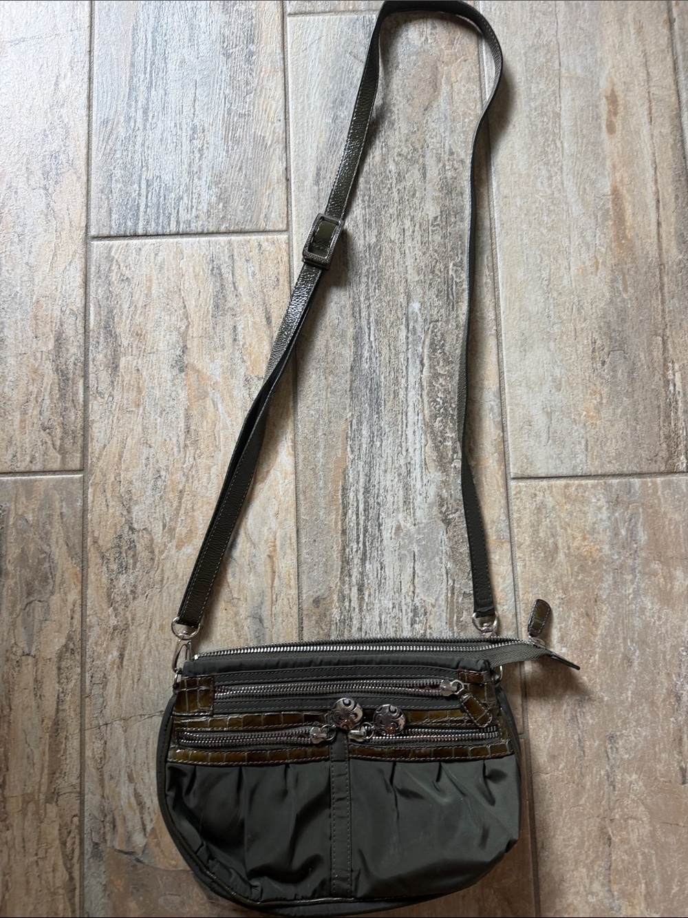 Brighton Olive Green Crossbody Bag with Silver-Tone Decorative Zipper Pulls